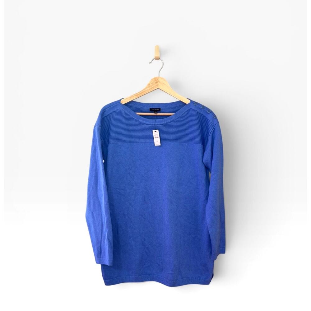 Talbots Women's Button Detail Contrast Stitch Tunic Sweater Medium Blue NWT
